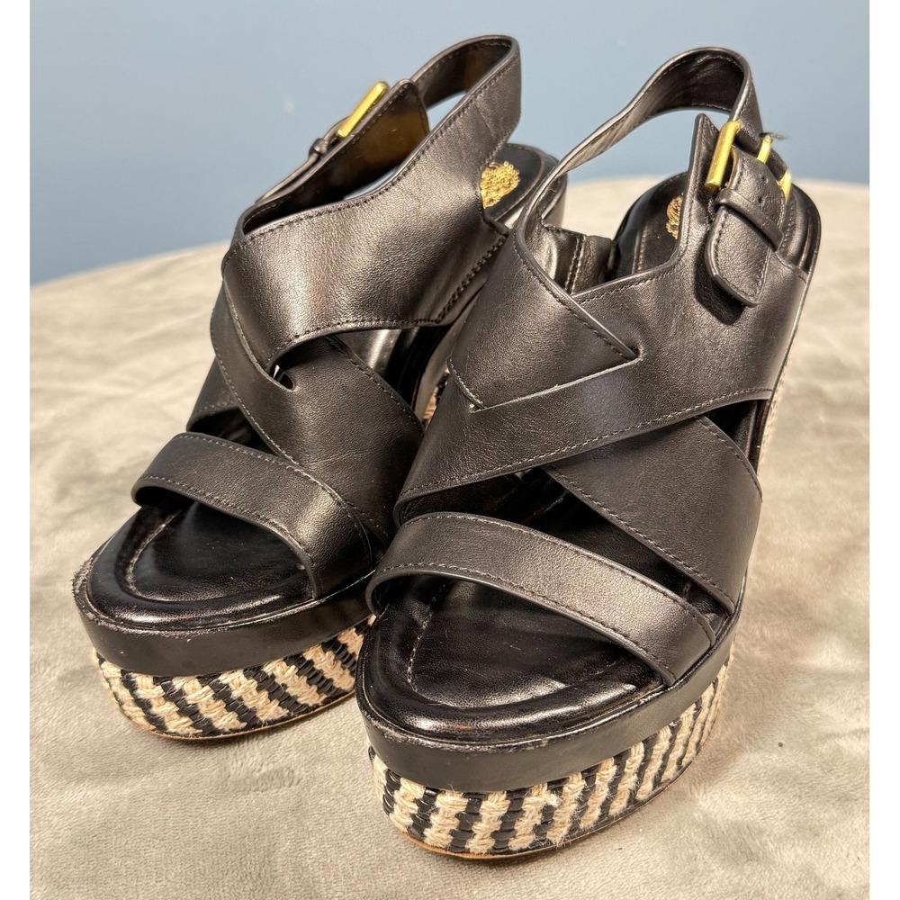 Vince Camuto Diliah Wedges Womens 6M Black Leather Woven Platform Sandals